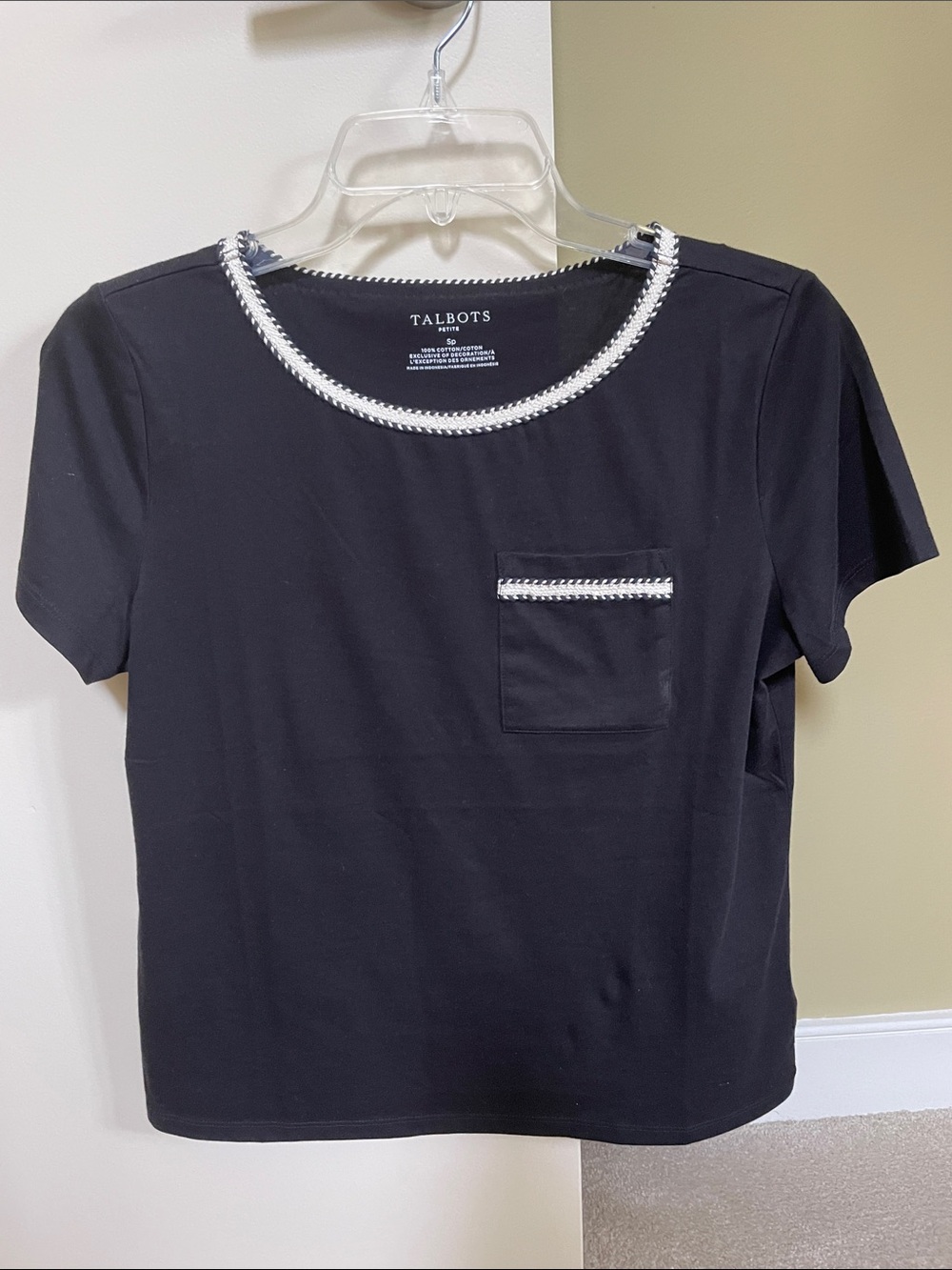 Talbots Black Short-Sleeve Tee with White Braid Trim